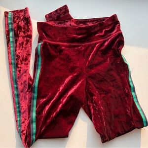 Aerie Chill Play Move red velvet leggings with green and blue stripe